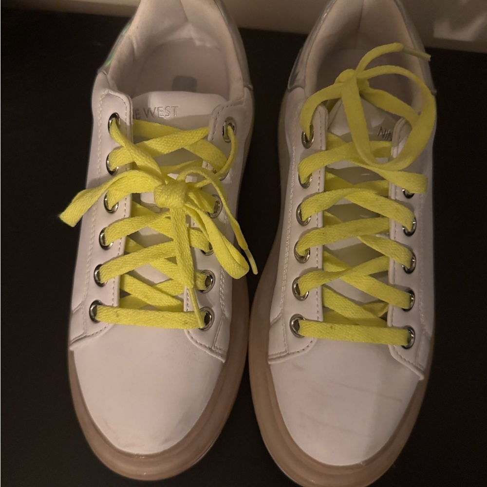 Nine West White Leather Sneakers with Neon Yellow Laces and Chrome Back